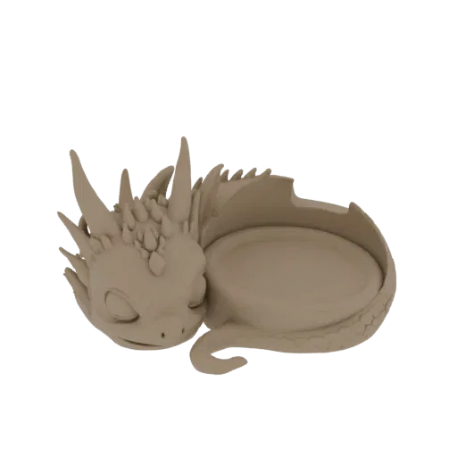 3D-модель милого спящего дракончика, свернувшегося вокруг небольшой чаши, с детализированной чешуей и рожками.
