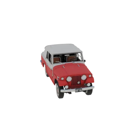 3D-модель винтажного красного кабриолета Jeep, вид под слегка приподнятым передне-правым углом на белом фоне.