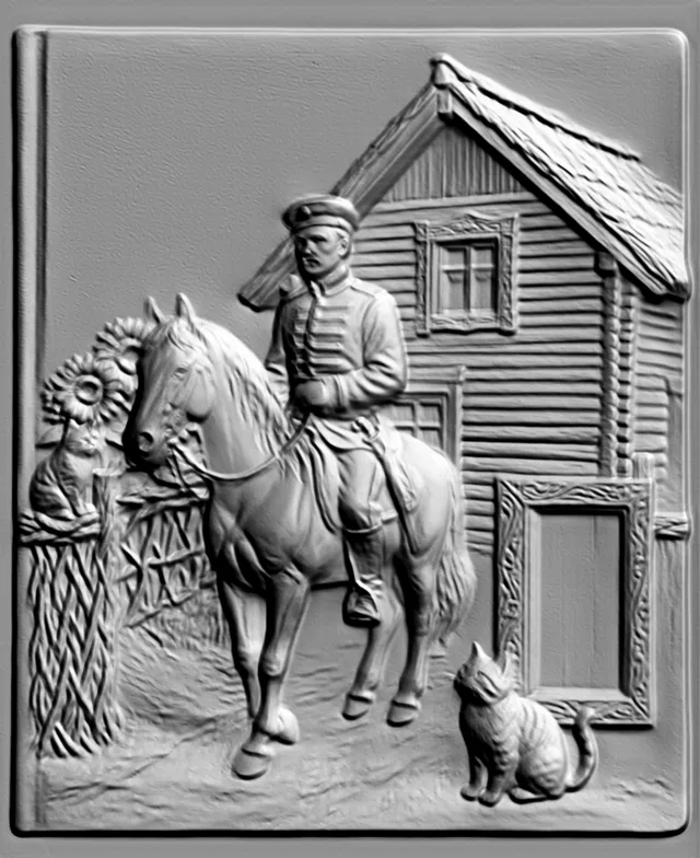 3D модель барельефа: всадник на коне перед деревянным домом, с подсолнухами и двумя кошками