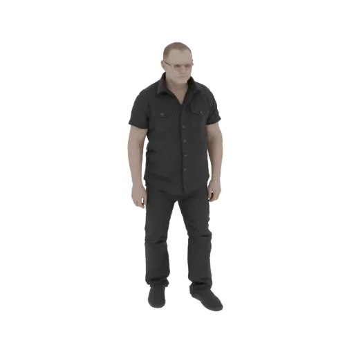 3D модель мужчины в черной рубашке и темных джинсах, стоящего в нейтральной позе.