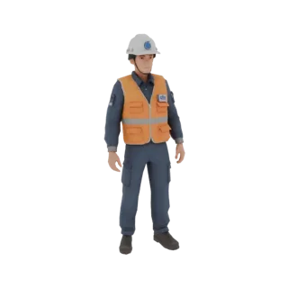3D модель инженера Росатома в белой каске, оранжевом жилете и синем комбинезоне, стоящего в нейтральной позе.