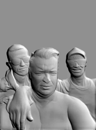 3D модель барельефа с тремя мужчинами в солнцезащитных очках, вид спереди