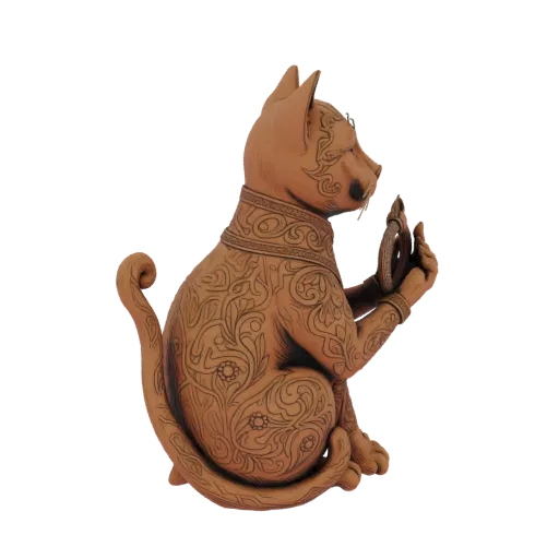 3D модель витиеватой фигурки кошки с замысловатой резьбой, сидящей и держащей небольшой предмет.