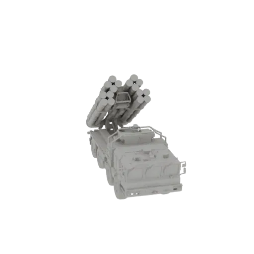 3D модель РСЗО БМ-21 Град, вид спереди три четверти на белом фоне.