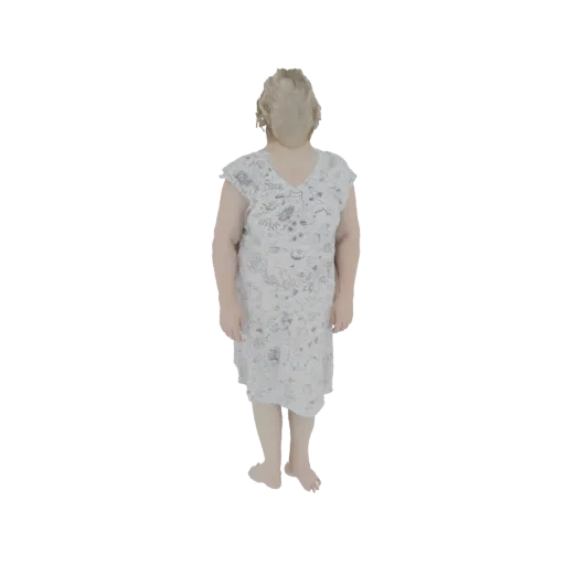 3D модель женщины в белом пеньюаре с синим цветочным узором, стоящей с руками по бокам.