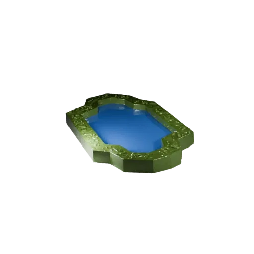 Декоративный садовый пруд Низкополигональная 3D модель, вид с трех четвертей в игровом вьюпорте, показывающий влажный камень,
