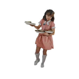 3D модель молодой официантки в розовом платье, держащей две тарелки с едой, с дружелюбным выражением лица.