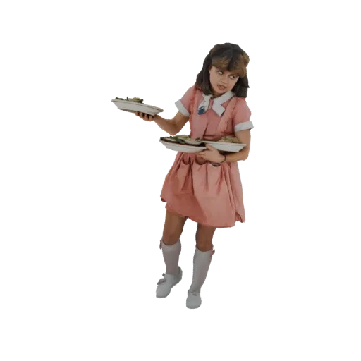 3D модель молодой официантки в розовом платье, держащей две тарелки с едой, с дружелюбным выражением лица.