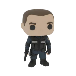 3D-модель Леона С. Кеннеди в форме R.P.D., стилизованная под Funko Pop, с пистолетом.