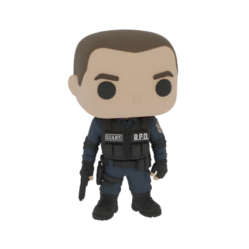3D-модель Леона С. Кеннеди в форме R.P.D., стилизованная под Funko Pop, с пистолетом.
