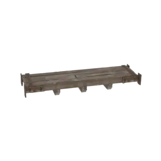 3D модель деревенской деревянной платформы с состаренными досками и металлическими кронштейнами, вид под небольшим углом.