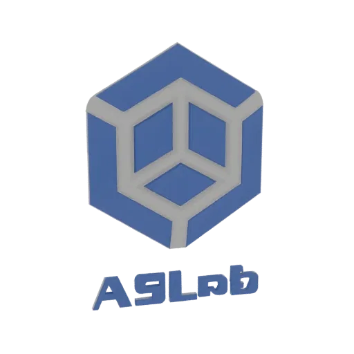 3D-модель логотипа ASLab: синий шестиугольный куб с серыми акцентами и текстом ASLab под ним.