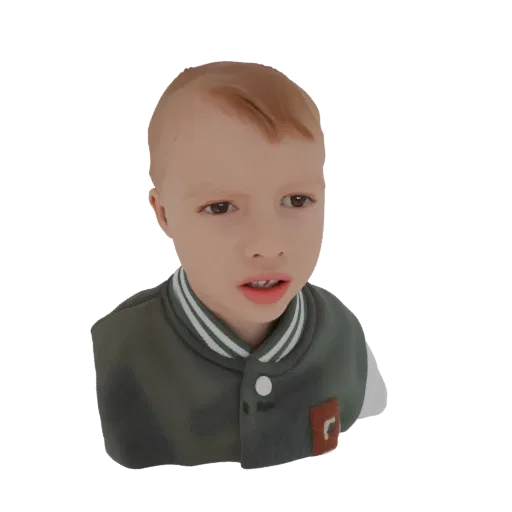 3D модель мальчика со светло-каштановыми волосами в зеленом бомбере, смотрящего в сторону с открытым ртом.