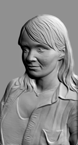 3D модель барельефа женского лица с развевающимися волосами, выполненная в монохромном стиле.