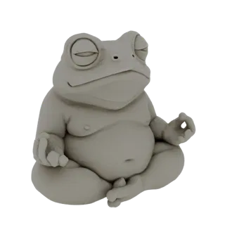 3D модель пухлой серой лягушки, сидящей в медитативной позе лотоса с закрытыми глазами и руками в мудре.
