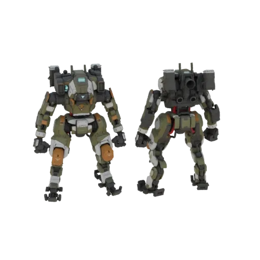 Виды спереди и сзади 3D модели Титана Ogre IMC из Titanfall, демонстрирующие его зелено-бело-оранжевую цветовую схему и тяжел