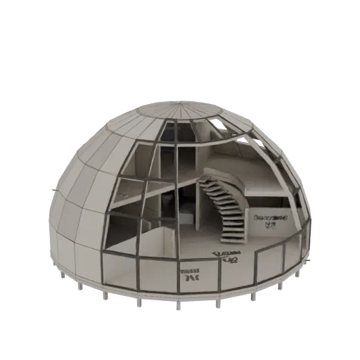 3D-модель современного интерьера геодезического купола с винтовой лестницей и многоуровневыми жилыми пространствами.