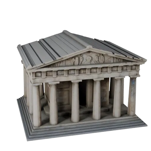 Реалистичная 3D модель Парфенона, вид с трех четвертей снаружи, показывающий материалы структуры достопримечательности и архи