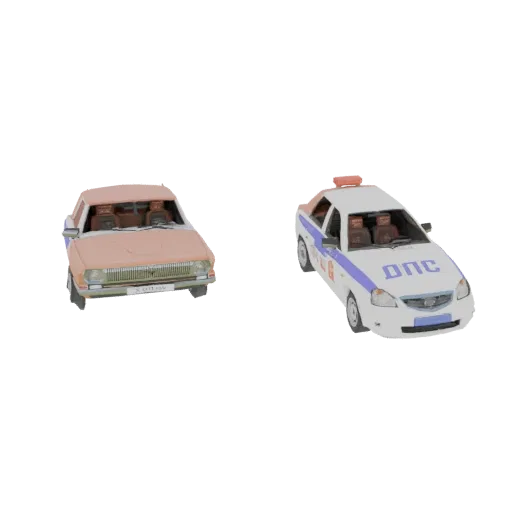 3D модели советского автомобиля персикового цвета и белой полицейской машины с сине-красными элементами на белом фоне.