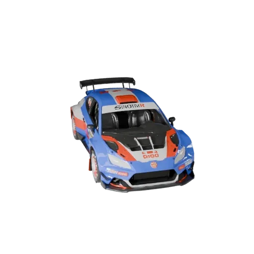 3D модель раллийного автомобиля, вид в игровом окне три четверти, готовый для Unity ассет автомобиля с линиями кузова, остекл