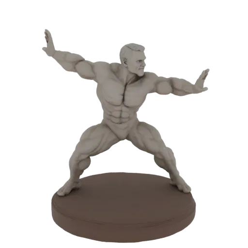 3D модель мускулистого мужчины с рельефным прессом и руками, вытянутыми в боевой стойке, стоящего на круглой подставке.