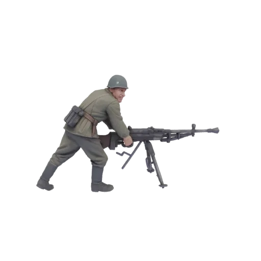 3D модель солдата Второй мировой в форме, наводящего пулемет MG42 на станке, с решительным выражением лица.