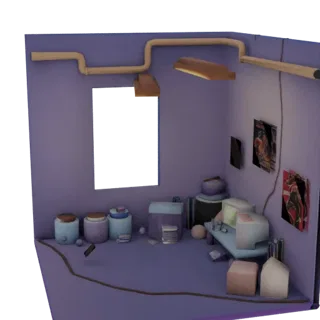 3D модель ретро уголка спальни с винтажным компьютером, постерами и фиолетовыми стенами.