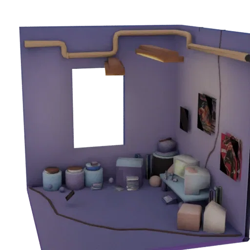 3D модель ретро уголка спальни с винтажным компьютером, постерами и фиолетовыми стенами.