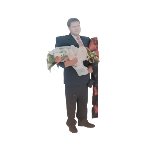 3D модель мужчины в костюме с букетом цветов и завернутым подарком на белом фоне.