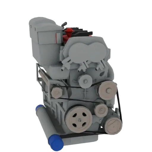 3D модель блока двигателя V8 с видимыми приводными ремнями, шкивами и компонентами, в матовом сером цвете.