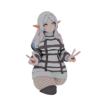 3D model of an anime elf girl with white hair and green eyes, wearing a striped sweater and fishnet stockings, making peace s