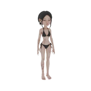 3D модель молодой женщины с темными волосами и большими серьгами-кольцами, одетой в черное бикини и демонстрирующей обширные