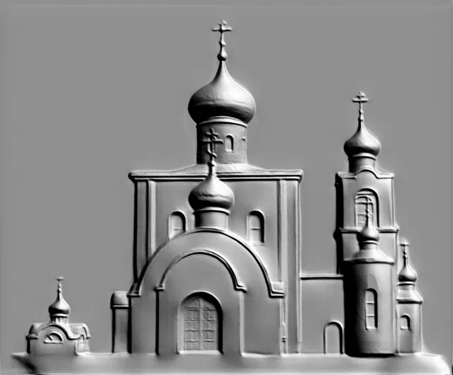3D модель барельефа русской православной церкви с золотыми куполами и крестами, выполненная в виде медальона.