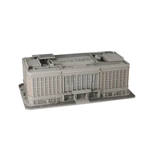 Печатная 3D модель торгового центра STL, изометрический вид, показывающий материалы общедоступного здания и архитектурные дет