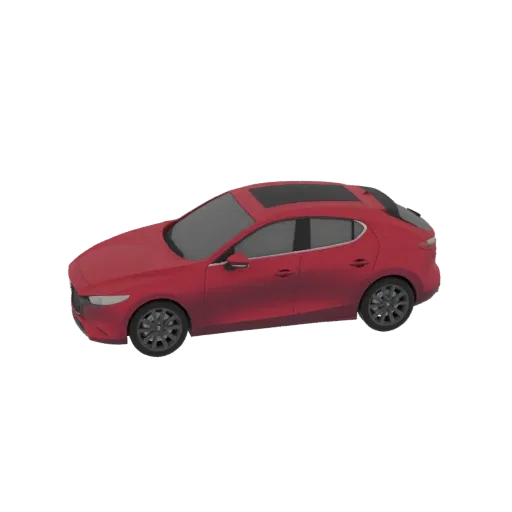 3D-рендер красной Mazda 3 хэтчбек с люком, вид с трехчетвертного ракурса.