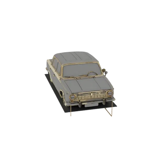 3D модель винтажного серого универсала с золотой отделкой, представленная на черном основании на белом фоне.