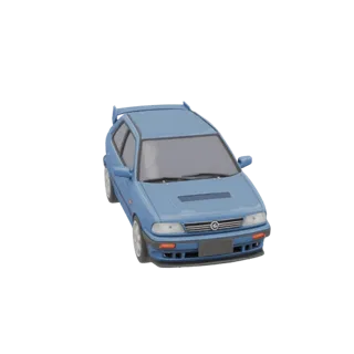 3D модель синего хэтчбека Mazda 323F BG 1992 года с задним спойлером, вид спереди