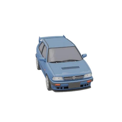 3D модель синего хэтчбека Mazda 323F BG 1992 года с задним спойлером, вид спереди