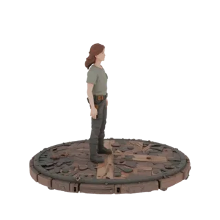 3D модель женской фигурки в стиле киберпанк, стоящей на круглой платформе с металлическими и деревянными элементами.