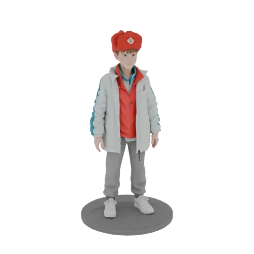 3D модель мальчика в красной шапке и зимней куртке, стоящего на сером основании.