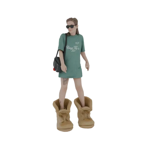 3D модель женщины в зеленой футболке, солнцезащитных очках и больших пушистых ботинках с сумкой через плечо.