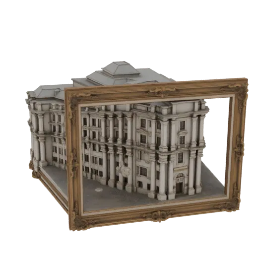 3D модель детализированного барочного здания в витиеватой золотой раме, демонстрирующая сложные архитектурные детали.
