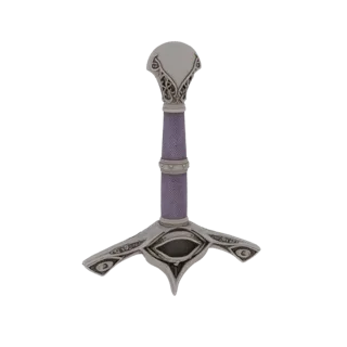 3D model of an ornate elven sword hilt with a silver-like eye-shaped guard and a textured purple grip, set against a white ba
