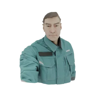Рендер 3D модели мужчины в бирюловой рабочей куртке, слегка смотрящего вниз.