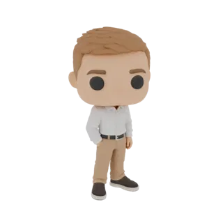 3D модель парня в повседневном стиле Funko Pop, в белой рубашке и бежевых штанах, с рукой в кармане.