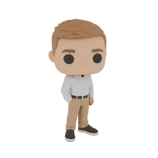 3D модель парня в повседневном стиле Funko Pop, в белой рубашке и бежевых штанах, с рукой в кармане.