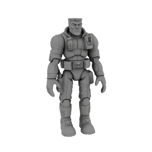 3D-модель мускулистой фигурки солдата с тактическим снаряжением, гранатой и пряжкой ремня с черепом, на белом фоне.
