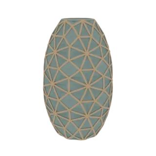 3D модель бирюзово-бежевой овальной вазы с геометрическим треугольным узором, изолированная на белом фоне.