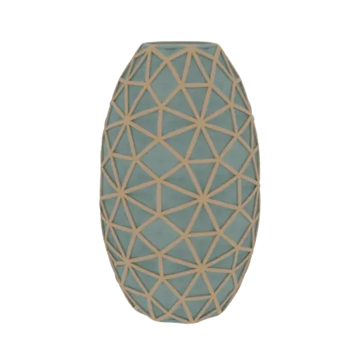 3D модель бирюзово-бежевой овальной вазы с геометрическим треугольным узором, изолированная на белом фоне.