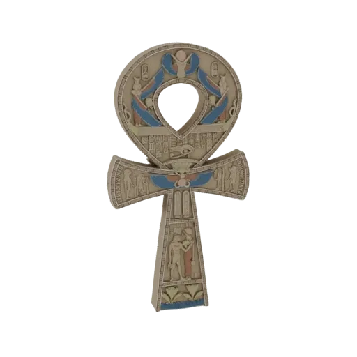 3D-модель древнеегипетского символа Анкх с замысловатыми иероглифами и божественными фигурами, в текстуре, имитирующей камень
